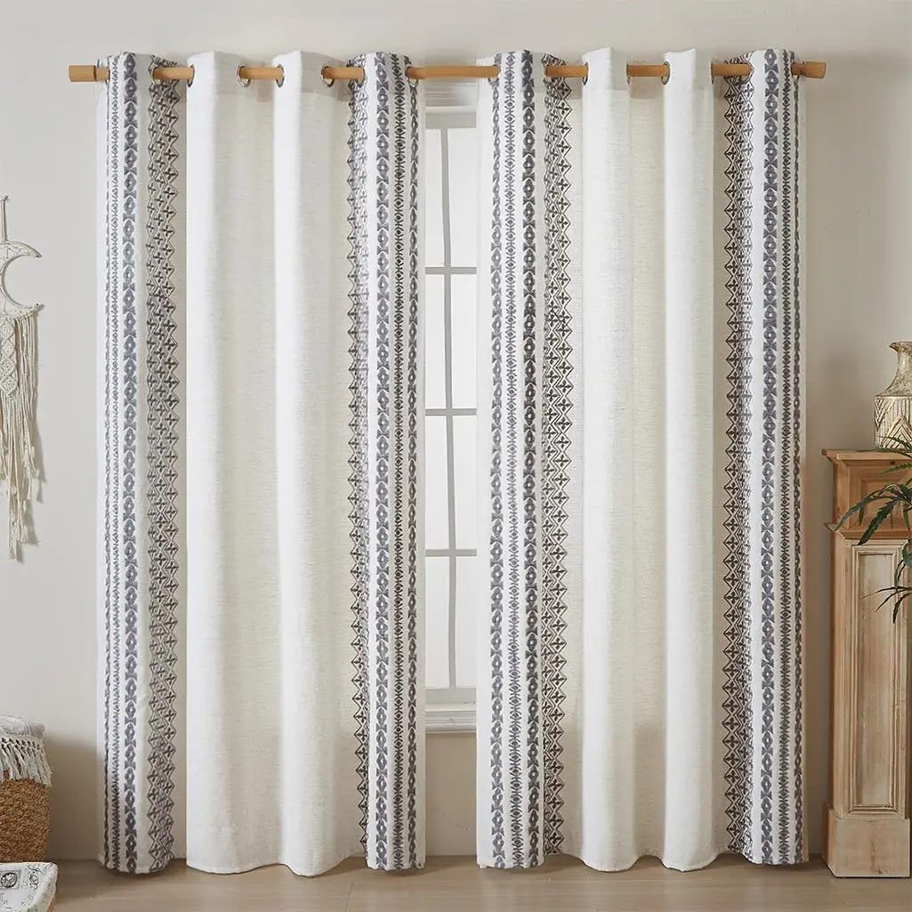 Geometric Pattern Embroidery Curtain, Heavy Curtain, Embroidered Curtains, 1 Count Boho Style Curtain, Window Drapes for Home Living Room Bedroom Office Decor, Privacy Grommet Curtains