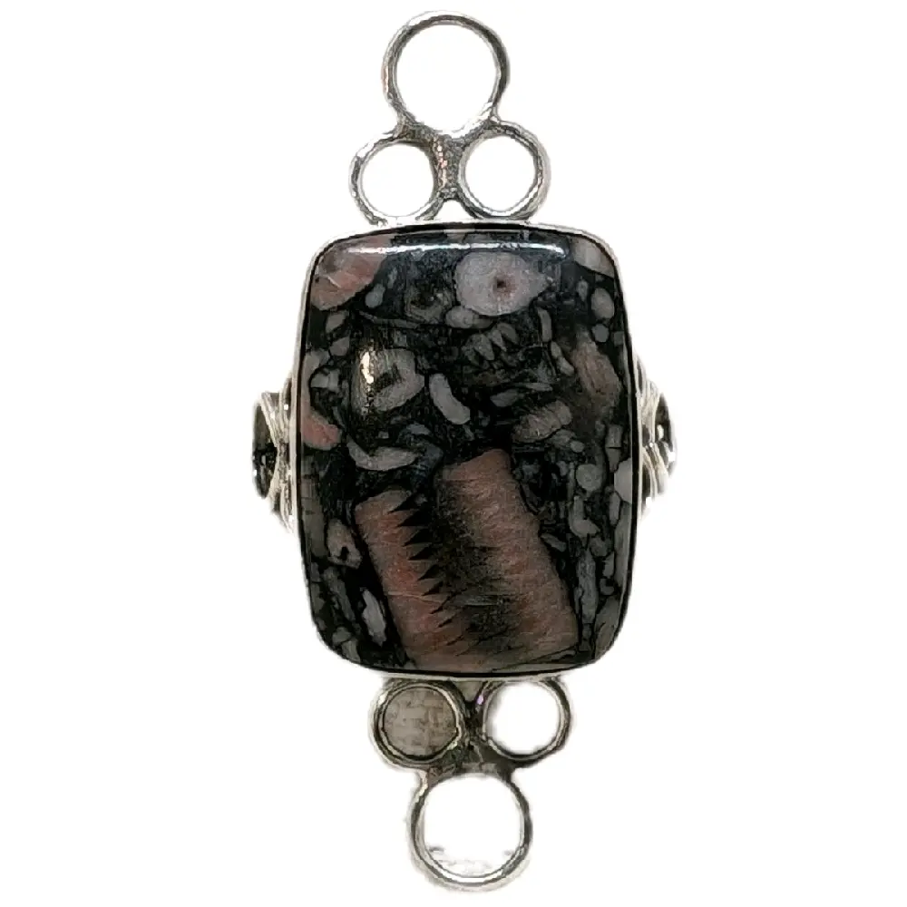 Fossil Crinoid Ring with Intricate Silver Band and Unique Fossil Cabochon for Unique Jewelry Lovers