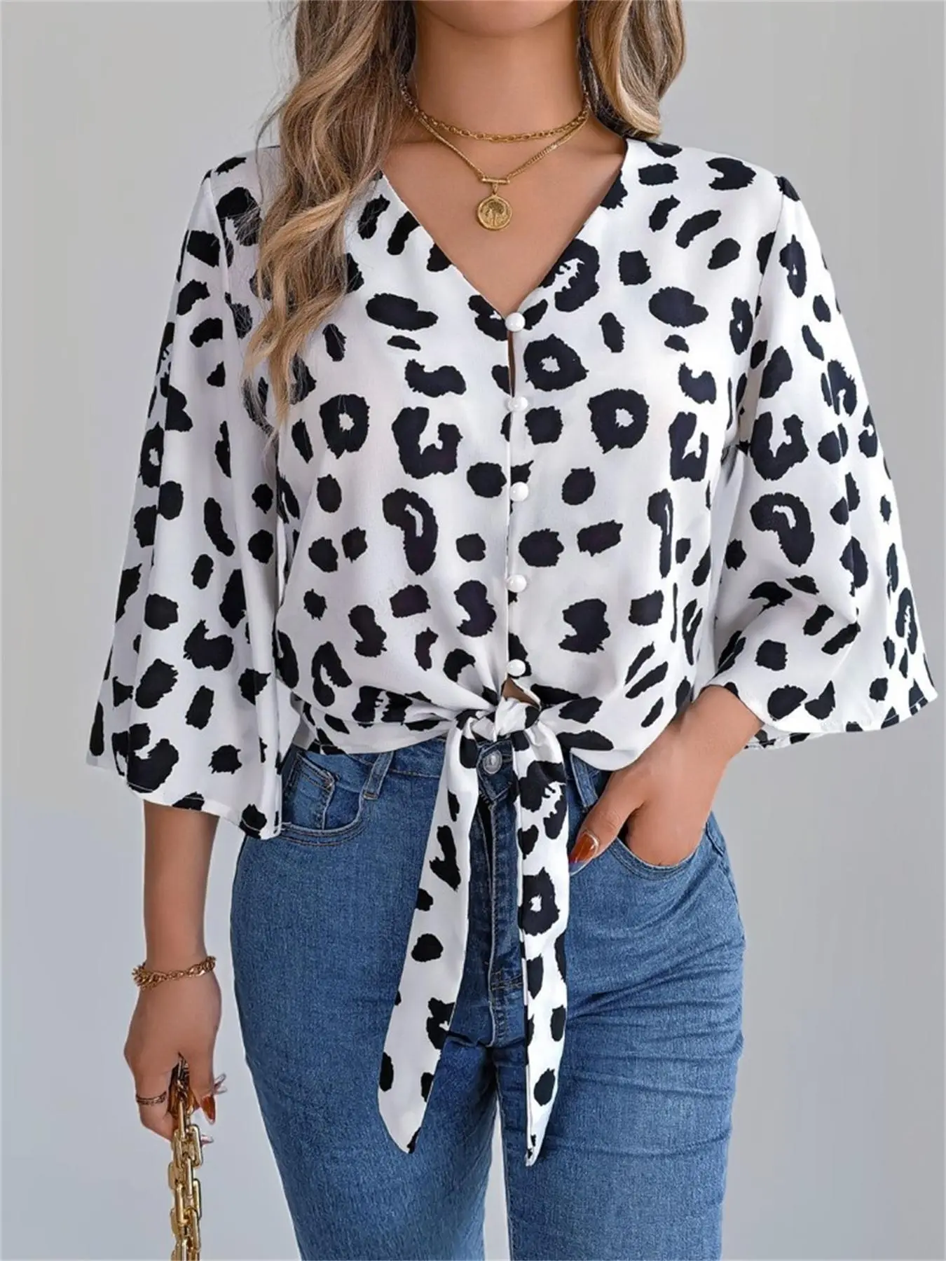 Women's Leopard Print Blouse Shirts, Casual Elegant Loose Tie Front Adjustable Top for Summer, Women's Clothing for Daily Wear, Casual Boho Blouses, Boho Style Shirt