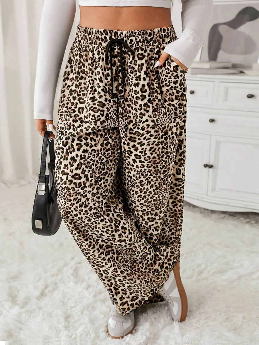 Plus Size Women Leopard Print Tie Waist Pocket Wide Leg Loose Pants