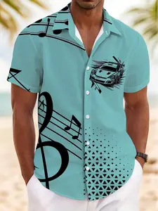 New Summer Men's Short Sleeve Shirt, Note Car Geometric Print, Casual Breathable Beach Holiday Hawaiian Shirt, Slim-Fitting Style