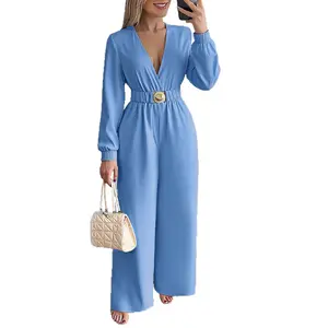 European and American Women's Fashion V-neck Waist-cinching Long Sleeve Casual Long Pants Jumpsuit