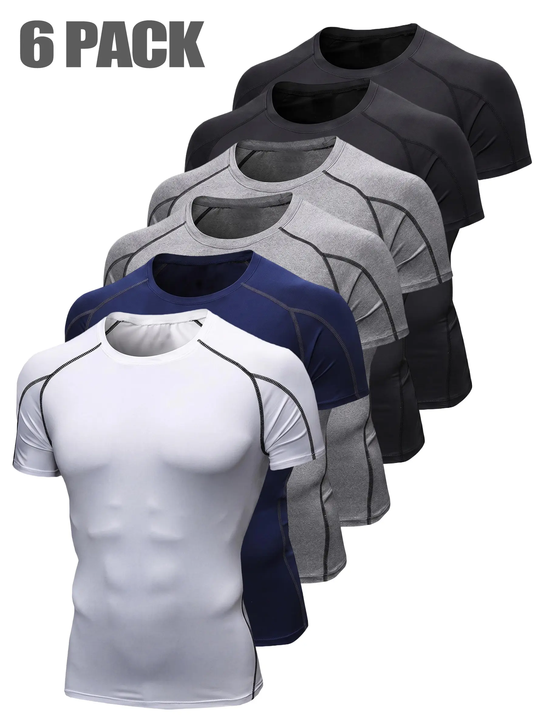 6 Pack Men's Short Sleeve Tee Sport Compression Shirts, Casual Breathable Sweat Absorbent T-shirt for Gym Workout Running, Men's Sportswear for Summer