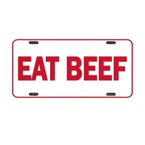 Eat beef license plate white red, Aluminum License Plate, Car Tag, Accessories, 12 x 6 Aluminum Material