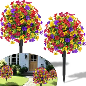23" Set of 2 Artificial Boxwood Topiary Ball Tree with Spikes,UV Resistant Fake shrubs with Violet Flowers, Realistic Bushes for Front Porch Yard (Mixcolors)