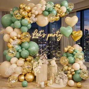 160PCS Sage Green Gold Balloon Garland Arch Kit, Olive Green White Sand and Gold Confetti Balloons with Heart Foil for Baby Shower Birthday Wedding Engagement Party Decor