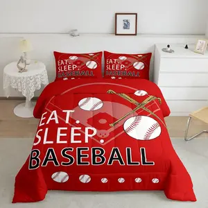 Luxury Baseball Motif Bed Set - Red Digital Print Microfiber Comforter, Softball Quilt, Machine Washable, Multi-Size, Bedroom Decor, Textile Bedding Accessory, Bed Sets