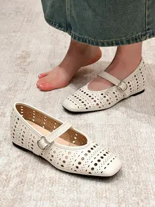 Women's Fashionable Hollow Out Design Square Toe Flat Shoes, Casual Comfortable Solid Color Loafers Shoes for Daily Wear, Lightweight Breathable Shoes for Women & Girls, Running, Casual Flats