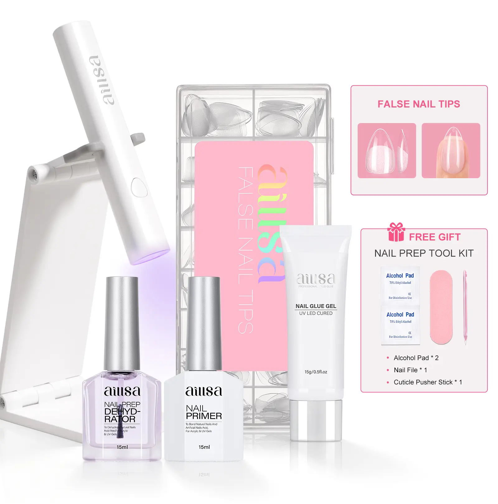 AILLSA At-Home Gel Nail Tips Kit, Handheld UV Light with Stand, Full Cover Soft Gel Nail Tips, StrongHold Solid Nail Glue, Nail Prep Dehydrator & Primer, DIY Nail Extension Starter Kit for Salon Quality Nails at Home for Beginners