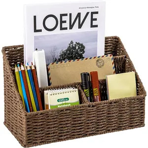 Woven Mail Organizer, Mail Organizer Countertop,  Tabletop Mail Holder, Rattan Desk Organizer, Boho Office Desk Accessories, Mail Basket for Bill Mail Papers Letters(Brown)