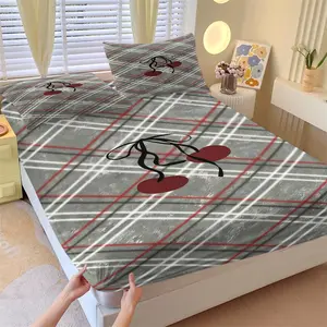 Y2K Preppy Style Plaid Cherry Print Fitted Sheet Set, Sweet And Cool Girl Bedding Includes 1 Fitted Sheet And 2 Pillowcases, Vintage Distressed Design, Perfect For Creating A Unique And Sweet Bedroom Space