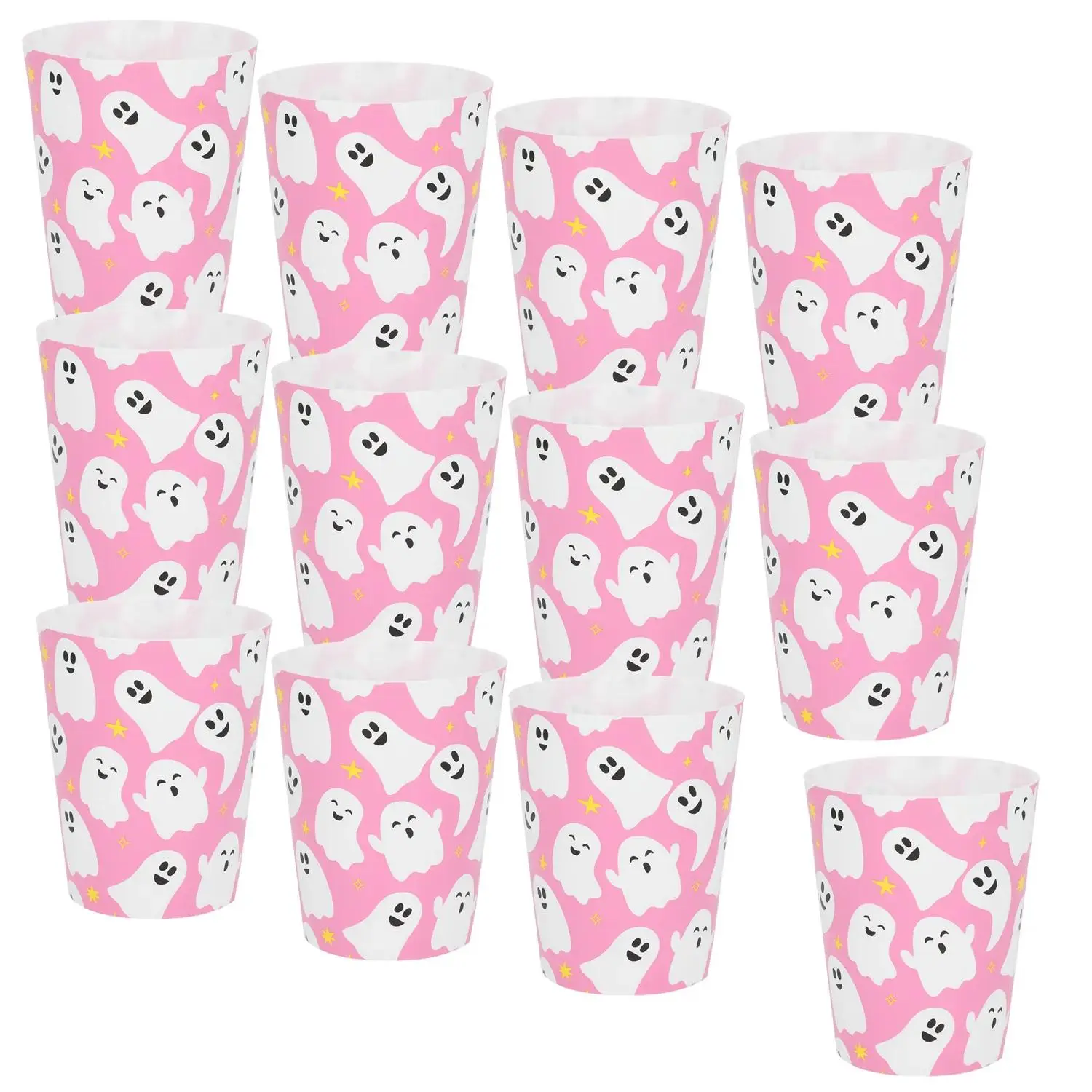Halloween Pink Spooky Fun Ghost Reusable Plastic Cups - 4 1/2" 16 oz, 12 Pieces