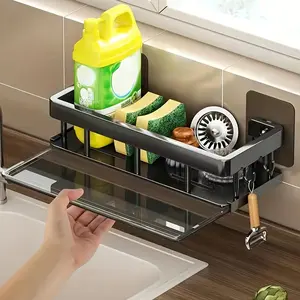 Modern Kitchen Drainage Organizer Rack - No-Drill Wall-Mount, Holds Cloths, Sponges & Spice Bottles, for Sink or Countertop, Kitchen Storage Gadget