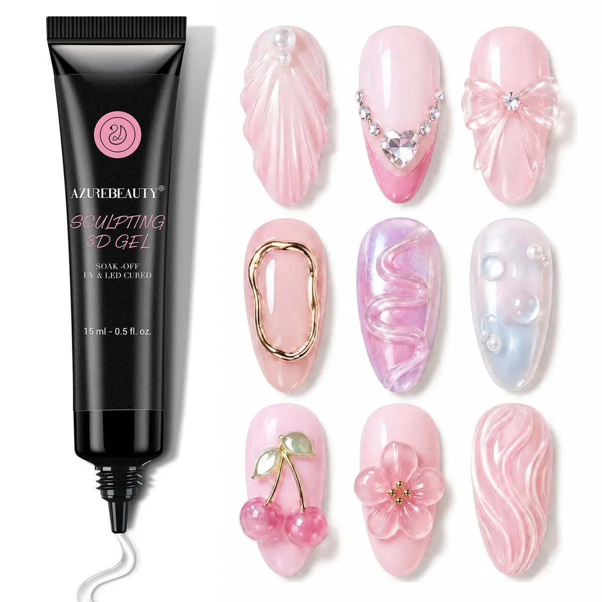 3D Gel Nail Art, Sculpting Gel for Nail Art, Molding, Carving and Drawing, Rhinestones Glue for Gems Charms Decoration and Nail Design, U V LED Light Needed DIY Salon Home No Wipe, 15g