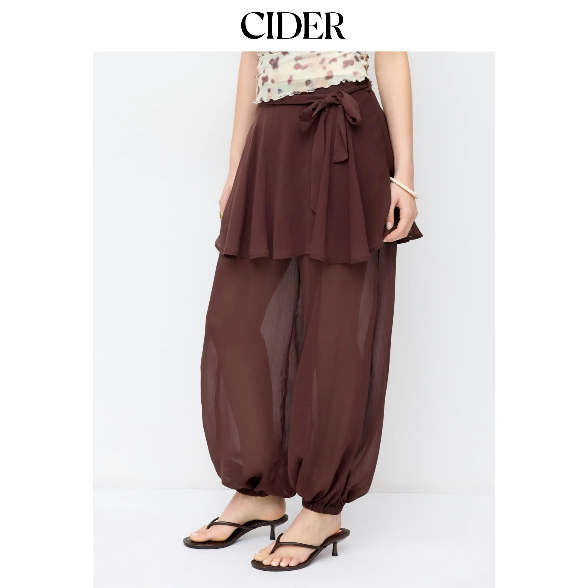 Cider Women's Solid Woven Chiffon Bloomers - Low Waist Bottoms with Elastic Knotted Waist, Ruffled Hem, Slant Pockets, Casual Street Wear Pants