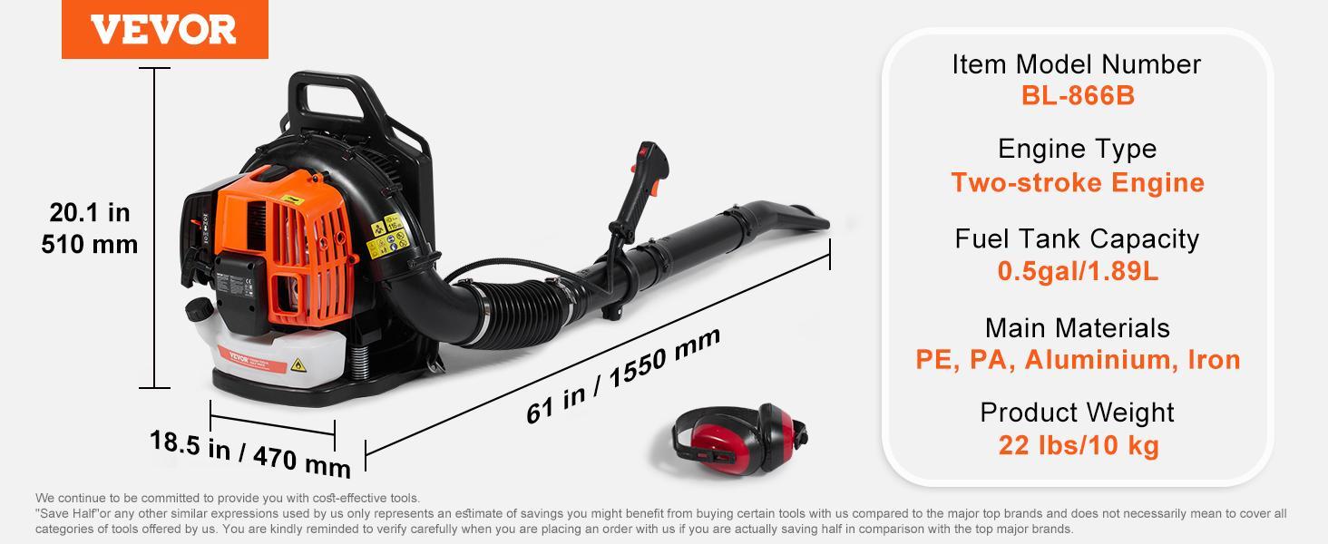 VEVOR Backpack Leaf Blower, TikTokShopBlackFriday, 52CC 2-Cycle Leaf Blower with 1.37L Fuel Tank, 480CFM Air Volume 175MPH Speed, Ideal for Lawn Care, Leaf Cleaning, and Snow Removal