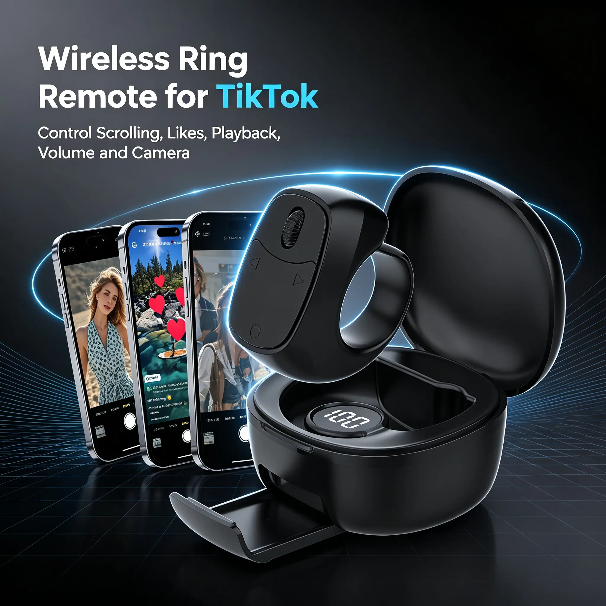 Wireless Bluetooth Ring Remote Controller for TikTok, Wireless Page Turner with Scroll Wheel, Like & Shutter Button, USB-C Charging Case with Phone Stand, Compatible with iPhone & Android