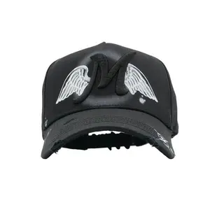 M Angel Wings Black Cap, Trendy Streetwear Hat, Distressed Design, Bold M Logo, Stylish Fashion Accessory for Men and Women
