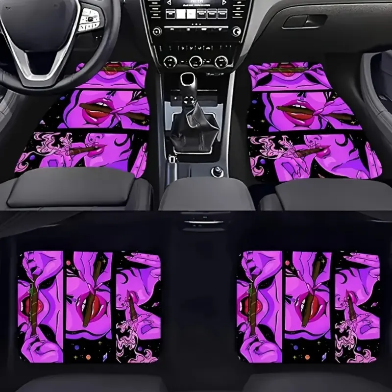 Set of 4 Universal Floor Mats for The Front And Rear of Vehicles, Suitable for Cars, Crossovers, And Trucks. These Durable Polyester Carpet Mats Protect The Interior of Your Vehicle Throughout The Year. The Street Punk Design Adds to The Driving Exp