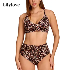 Lilylove Tummy Control Cross-ruched Top Bikini Sets High Waisted 2 Piece Swimsuits Summer Swimming Clothing Beach Water Sports Swimwear Women's Two Piece Bathing Suit