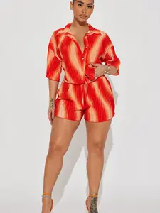 Women Adella Plisse Short Set Orange Top & Shorts for Casual Everyday Wear Women's Wear - Clothes