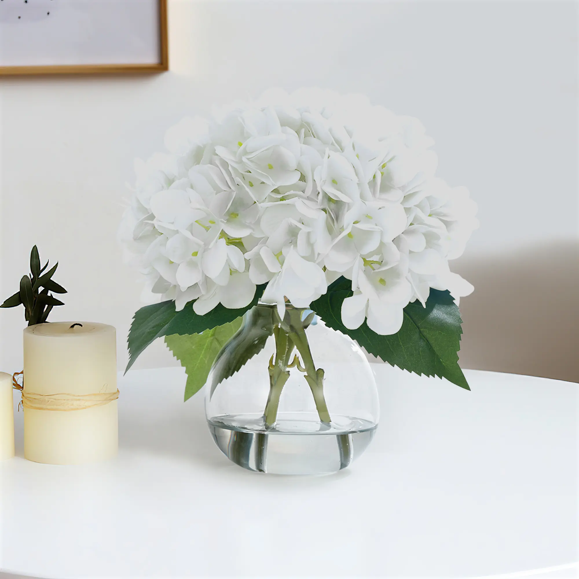 Colorful Round Artificial Blue Hydrangea Bouquet Set - 2 Pcs in 4"x3.5" Glass Vases with Faux Water & Wood Bead, Lifelike Silk Decorative Floral Arrangement, Maintenance-Free Floral Decor Centerpiece for Home/Office, Ideal Gift