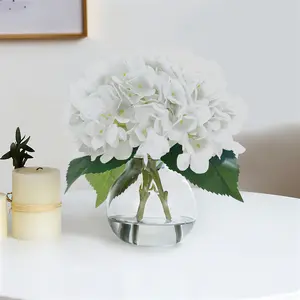 Artificial Blue Hydrangea Flowers, Set of 2 in 4-Inch Glass Vase with Faux Water & Wood Bead – Lifelike Silk Floral Arrangement – Maintenance-Free Centerpiece for Home, Office