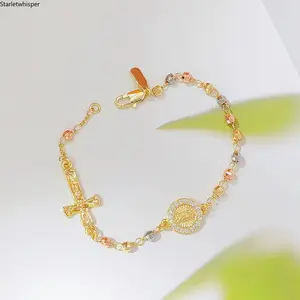 Three Tone Beaded Virgin Mary & Cross Bracelet, 18K Gold Plated Catholic Religious Jewelry, Adjustable Beaded Chain Design, Minimalist Inspirational Style for Daily Wear & Prayer Gifts