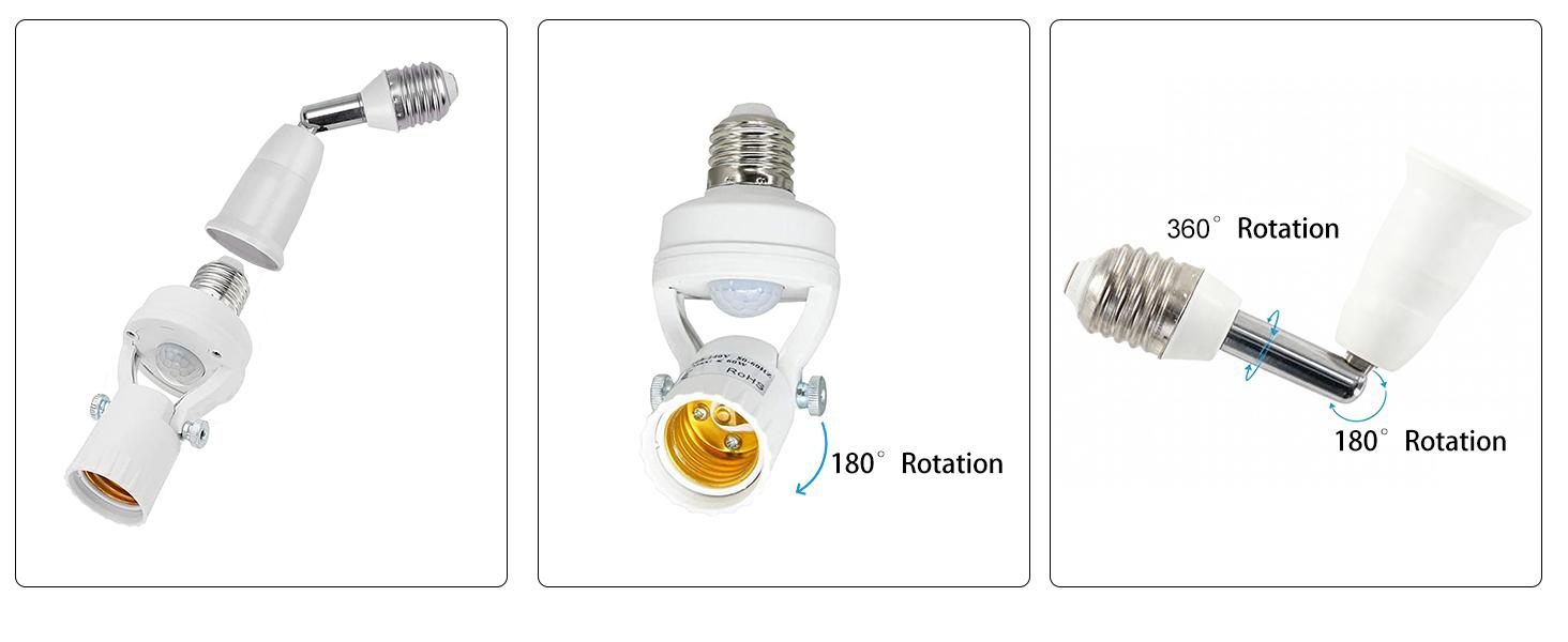 NUNET 2pcs PIR Sensor Light Socket - Angled Screw-in Adapter with Auto On/Off for E26/E27, Add Motion Sensor to existing Light, Suitable for Porch Garage Basement