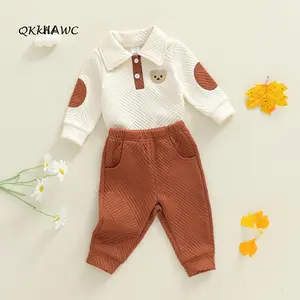 Baby Boy Fall Outfits Bear Embroidery Long Sleeve Lapel Romper + Elastic Waist Solid Pants 2 Pcs Set