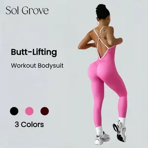 Sol Grove Vita Padded Sports Jumpsuit Women's Workout Bodysuit Butt-lifting Quick Dry Moisture-Wicking Elastic Fabric For Yoga Cross Back Strap Design Activewear Clothing For All Seasons Womenswear Nylon Overalls