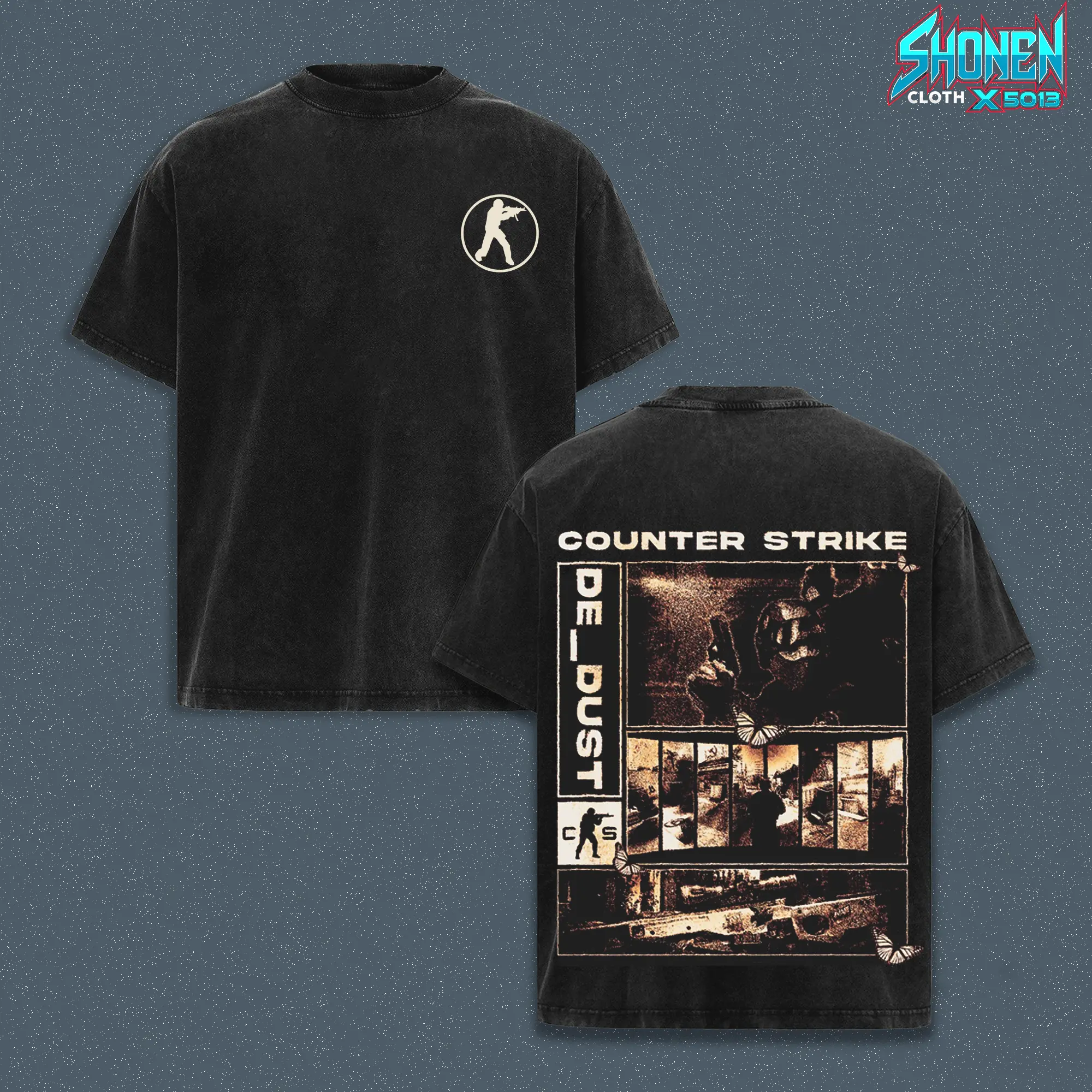 Counter Strike Oversized Vintage Wash Tee, CSGO Gamer Merch, Pump Cover Streetwear Top, First Person Shooter Retro Graphic Tee, Heavyweight Cotton Boxy Tee, Tactical Soldier Over-sized Tee