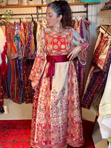 Elegant Ethnic Maxi Dress – Palestinian Embroidered Thobe with Red Satin Belt – Modest Occasion  Womenswear
