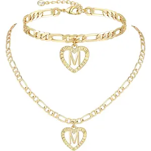 Trendy Initial Necklace Set - 14K Gold Plated Figaro Chain w/ Heart Pendant, Customizable Alphabet Anklet & Bracelet for Women |   Perfect Birthday Gift, Valentine's Day Jewelry, BFF Present |   Dainty Layering Necklaces Stackable Jewelry