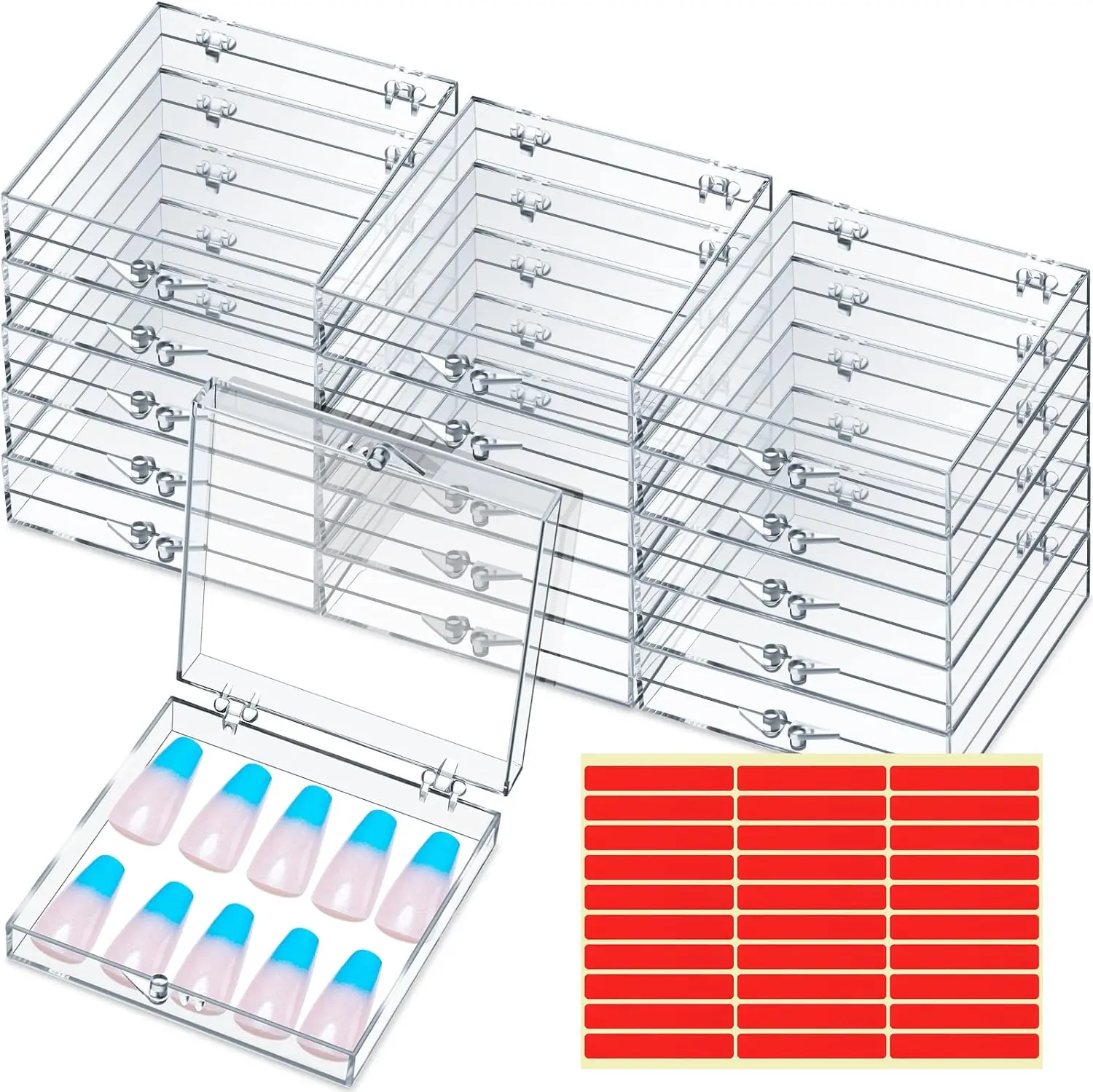 15PCS Press On Nail Packaging Boxes Clear Nail Box Organizer Case, Nail Holder & Acrylic Container with Adhesive Tape