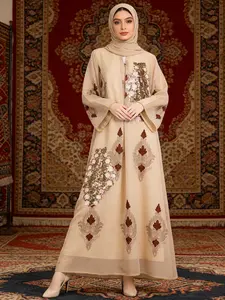 Women's Ethnic Mesh Beaded Floral Embellished Abaya Dress, Loose Fit Casual Spring & Fall Islamic Clothing, Elegant Ramadan Eid, Embroidery Abaya