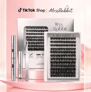 Rabbit Glow eyelash and full lash set, mixed lengths 9–16 mm, no salon application skills needed; fluffy D curl dynamic individual cluster false lashes. Effortlessly create a makeup look at home—the kit includes adhesive fixing glue, lash remover, and twe