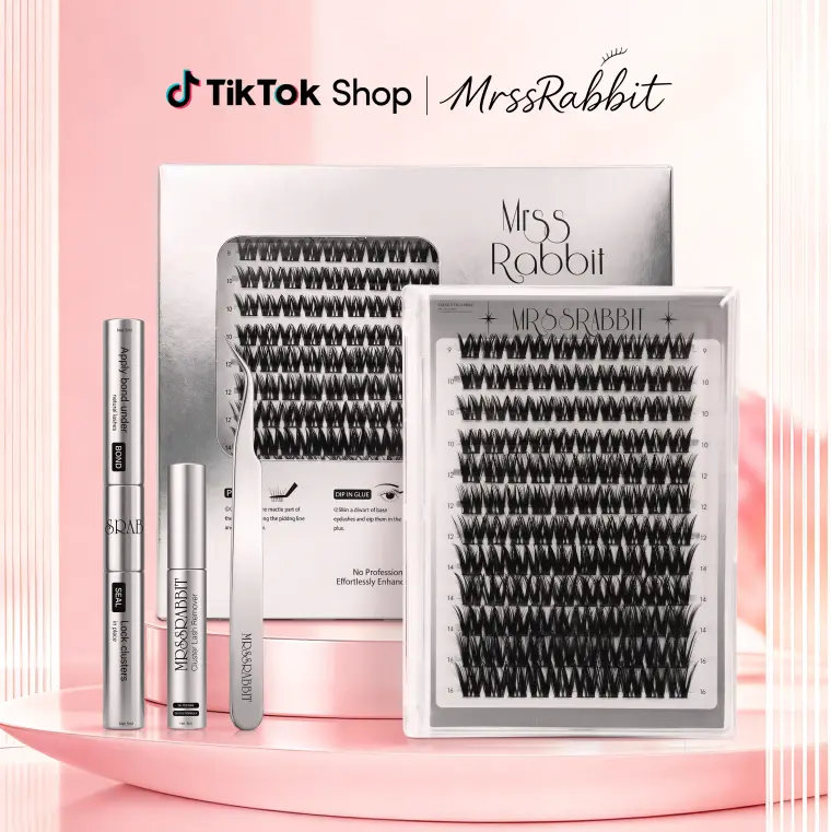 Rabbit Glow eyelash and full lash set, mixed lengths 9–16 mm, no salon application skills needed; fluffy D curl dynamic individual cluster false lashes. Effortlessly create a makeup look at home—the kit includes adhesive fixing glue, lash remover, and twe