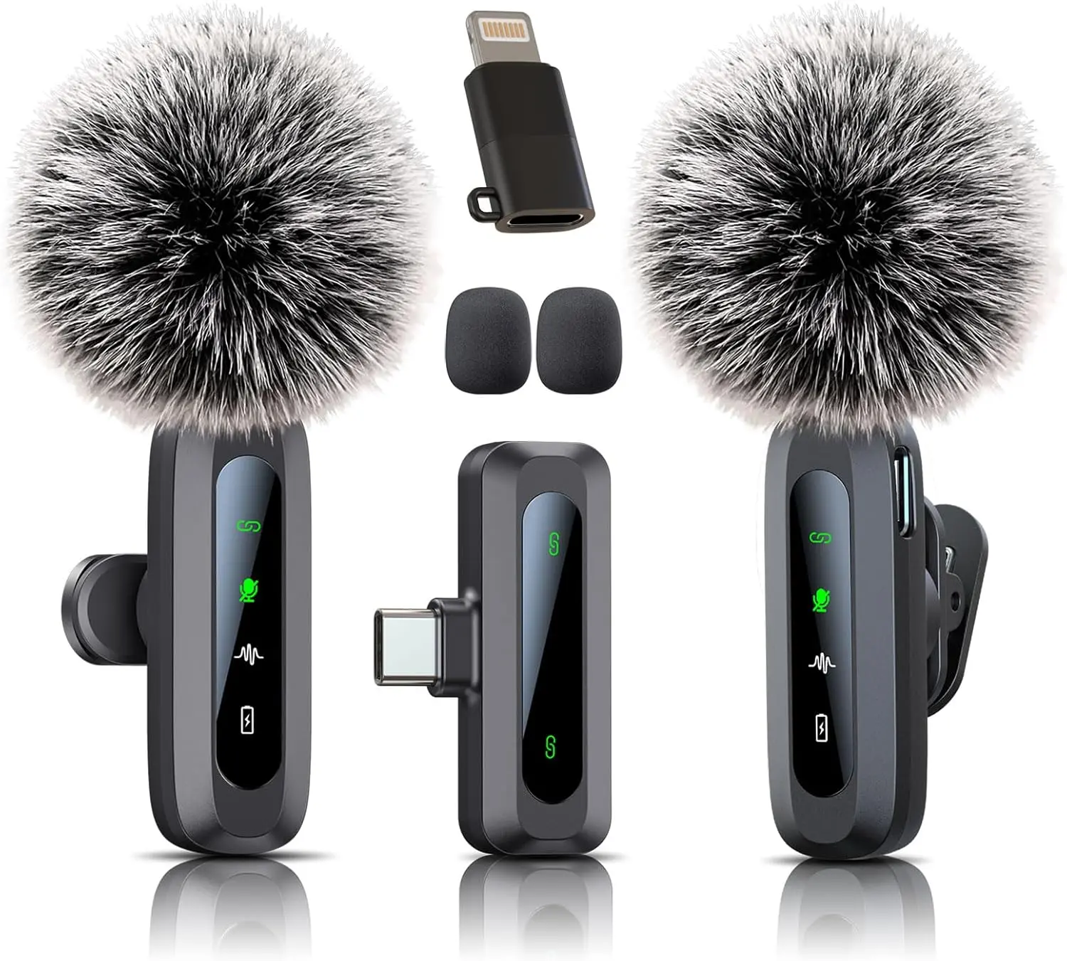 2-Pack Upgraded Rechargeable Mini Clip-On Lapel Microphones - LED Display, Plug-and-Play USB Receiver, Charging Connector, Mobile-Focused Audio for iPhone/Android Smartphones, Portable for Podcasts (Birthday/Wedding Use), Casual Bluetooth Cable