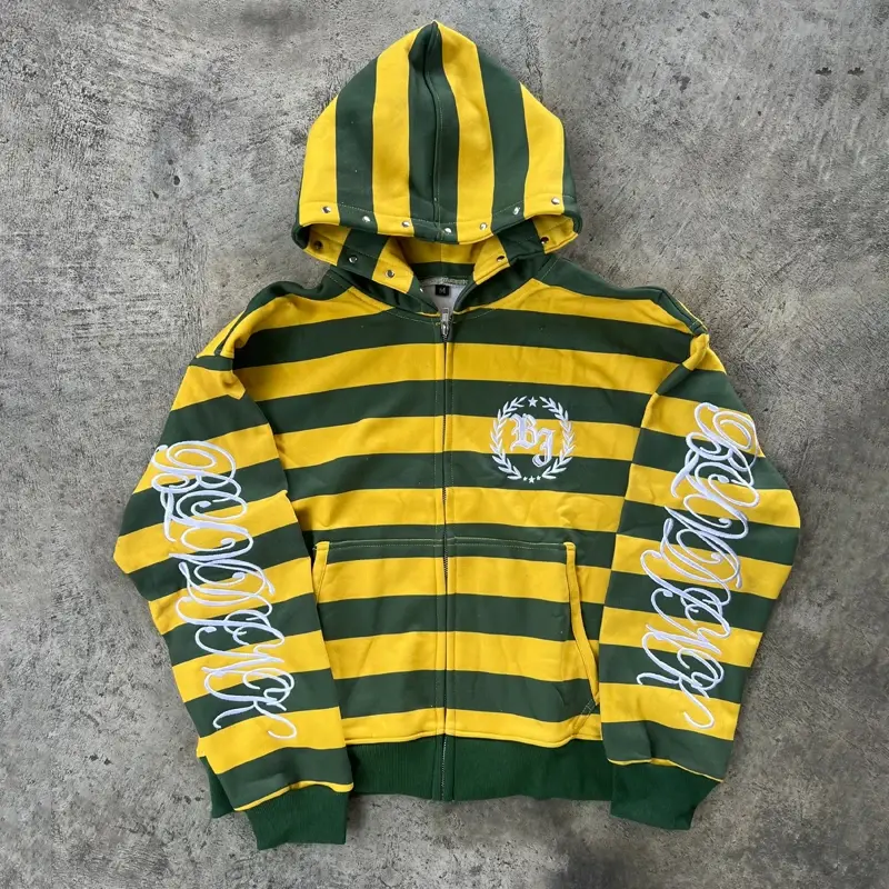 Y2K Street Zip up Hoodie Stripe Rivet Embroidery Pattern Sweatshirt New Men Hip Hop Fashion Streetwear