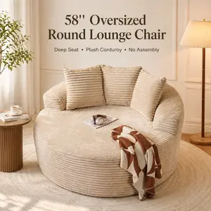 POUUIN 58'' Oversized Round Lounge Chair, Plush Corduroy Circle Sofa with Deep Seat, No Assembly Cloud Chair for Bedroom, Living Room, Dorm, Apartment, Reading Nook and Gaming Room, Beige，Black，Pink tiktokshopspringglowup