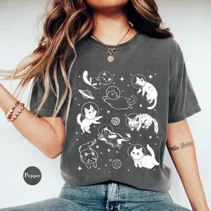 Comfort Colors Cats In Space Tee Shirt | Galaxy Space Cats Retro Vintage Graphic Shirt | Funny Shirts For Women | Cat Lover Gifts | S526