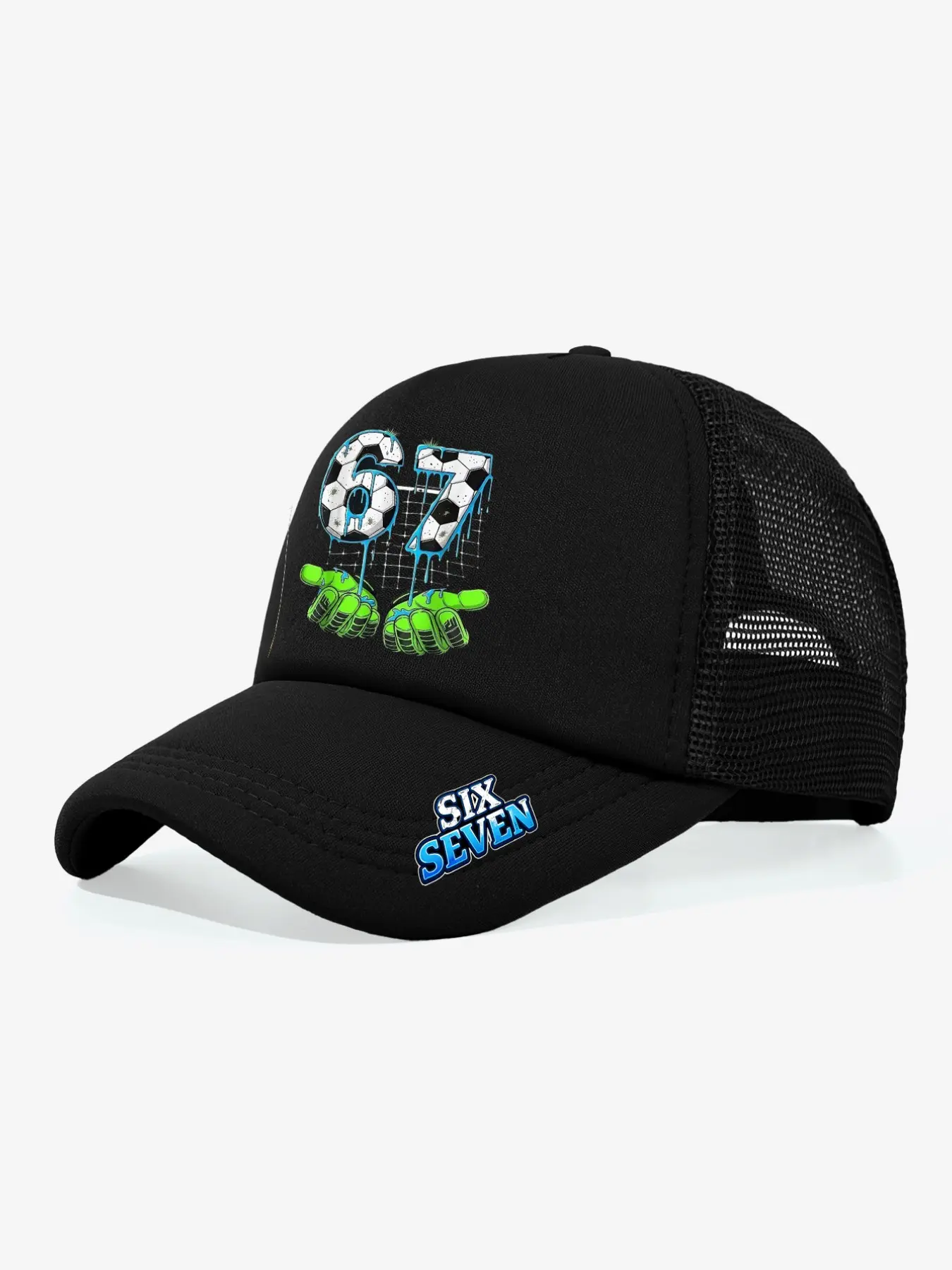 Y2K Style 67 Rainbow Color Drip Graphic Trucker Hat, Casual Trendy Hat, Soccer Graffiti Design, Trendy Hip Hop Accessory for Stylish