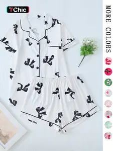 Women's Printed Button Front Pocket Shirt & Elastic Waist Shorts Pajama Two-Piece Set , Comfy Soft PJ Lounge Set, Summer Clothes for Women