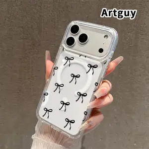 Transparent Phone Case for iPhone 17 16  Pro Max Plus 15 14 13 12 11 Air E Elegant Bow Pattern  Strong Magnetic Attraction Acrylic Back Soft Edges Full Coverage Back Cover