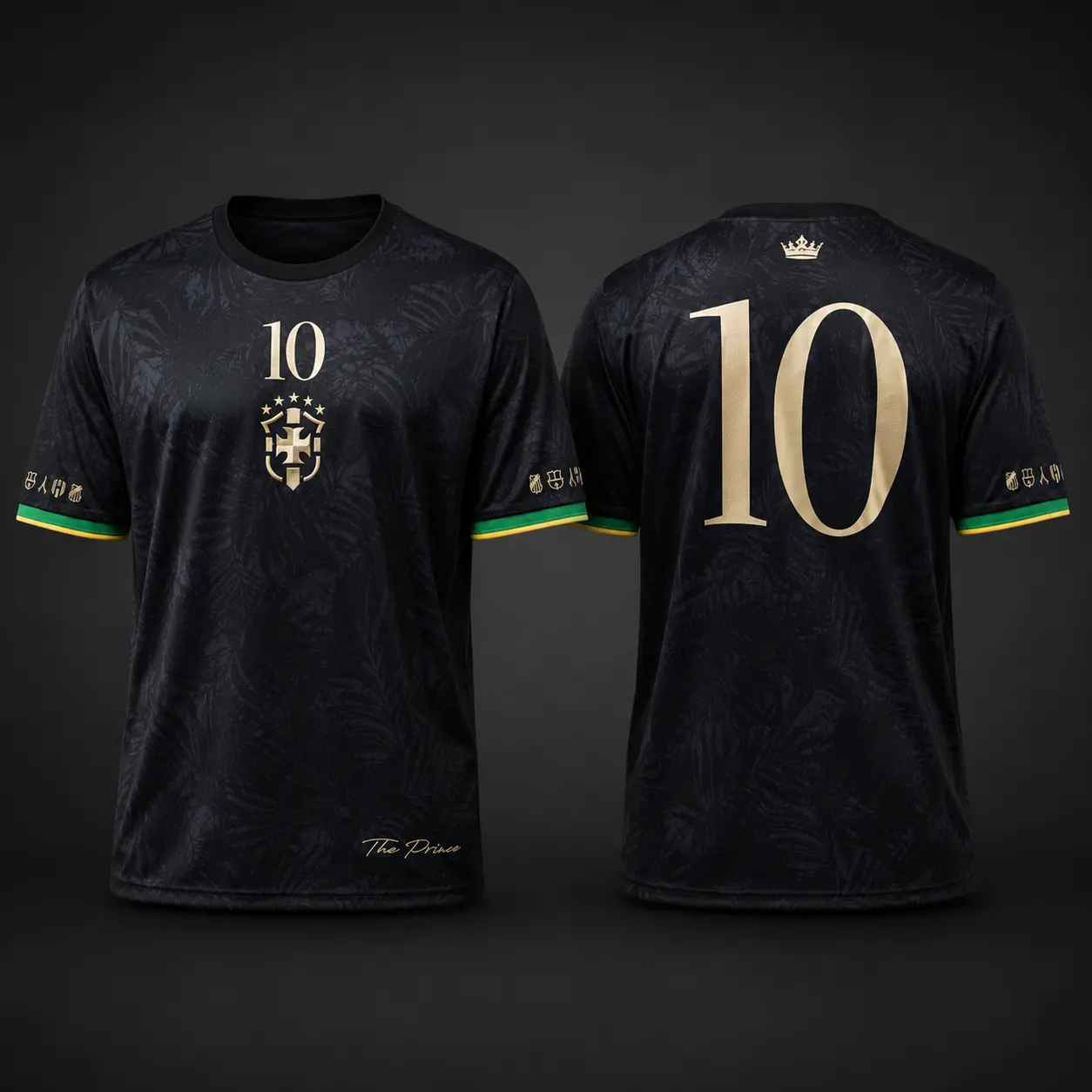 The Prince Brazil Black Number 10 Soccer Jersey, Premium Gold Detail Unisex Sports Shirt, Brazilian Style Fan Apparel