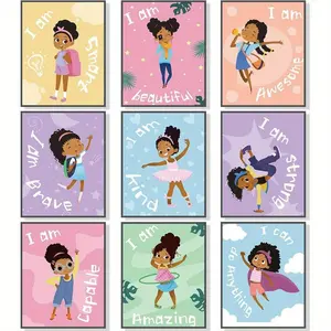 Little Girl & Letter Pattern Wall Art without Frame, Unframed Art Print, 9pcs/set Frameless Black Girl Wall Painting Art Decor, Motivational Posters for Girls Bedroom, Art Paint for Girls Teen Wall Decorations
