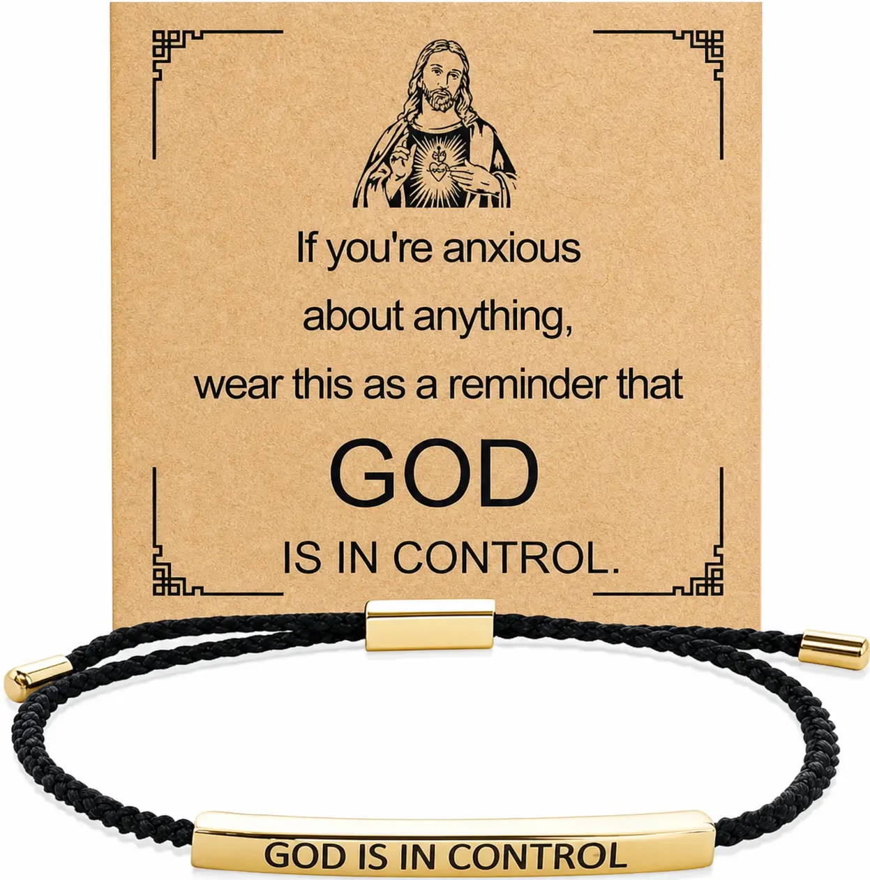 Christian Bangle Bracelet with Inspirational God is in Control Message, Elegant Geometric Cuff, Adjustable Unisex Motivational Gift