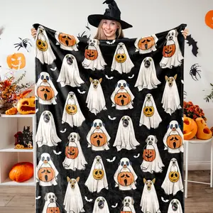 Halloween Plush Blanket Ghost Dog Pumpkin Blanket Black Soft Cozy Flannel Blanket for Party Home Bed Sofa Couch Chair, 50 x 60 Inch