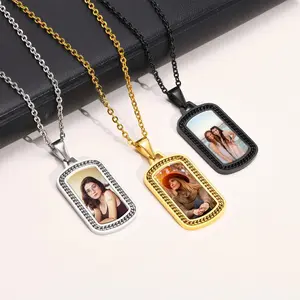 Men's Customizable Square Pendant Chain Jewelry Necklaces - Personalized Engraving with Name, Family Photo, Words, Date - Keepsake Gift Collar
